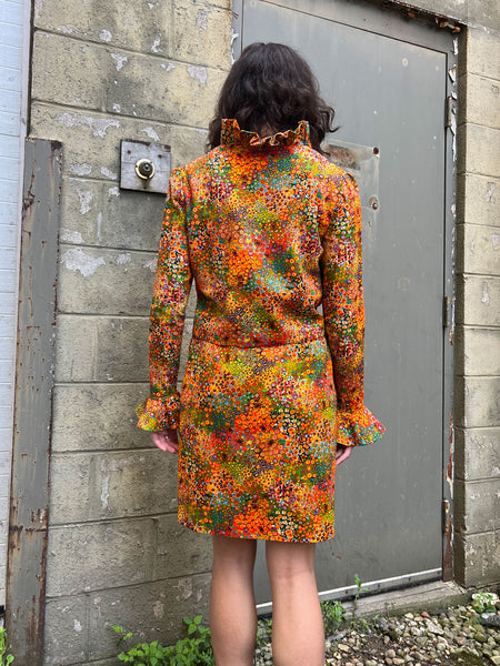 Vintage 1970's Three Piece Orange Floral Set - Matching Jacket, Pants and Skirt