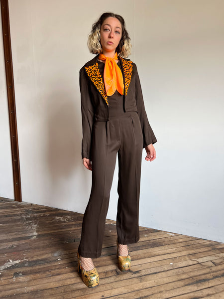 Vintage 1940's Brown Jumpsuit, Sash and Sequined Jacket, Tap Costume