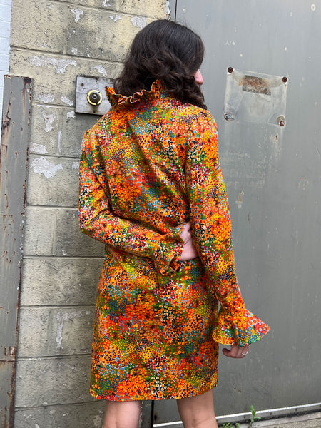 Vintage 1970's Three Piece Orange Floral Set - Matching Jacket, Pants and Skirt