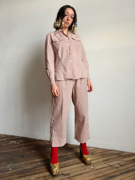 Vintage 1940's WW2 Era Women's Uniform Set, Striped Seersucker, Blouse and Pants, Military