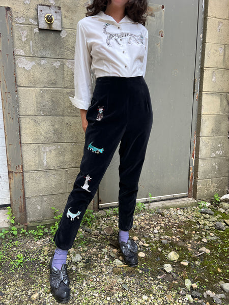 Rare Vintage 1950's Mid Century Cat Blouse and Velvet Appliqué Pants Set