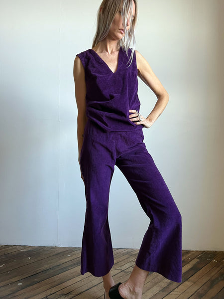 Vintage 1960's Purple Corduroy Pant Set, Top and Pants, Women's 60's Retro
