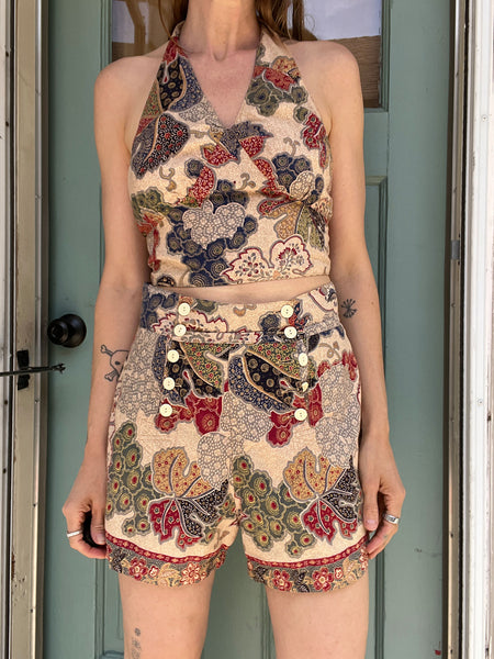 Vintage 1930's - 40's Cotton Halter Top with Matching Shorts
