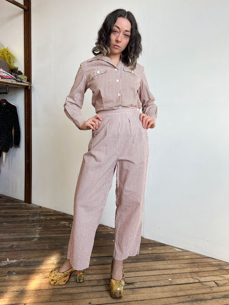 Vintage 1940's Women's Striped Seersucker Blouse and Pants Set, WW2