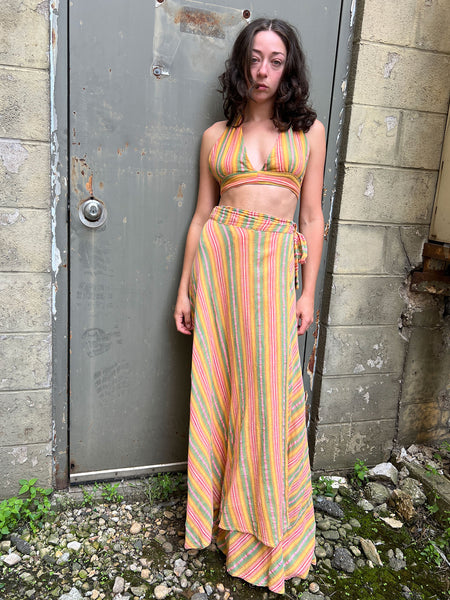 Vintage 1970's Cotton Gauze Hippie Halter Top and Wrap Skirt Set