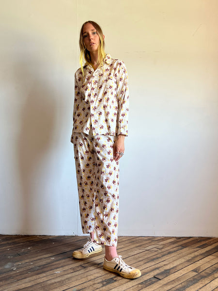 Vintage 1940's - 1950's Printed Cotton Pajama Set, Geometric Print, Unisex Adults