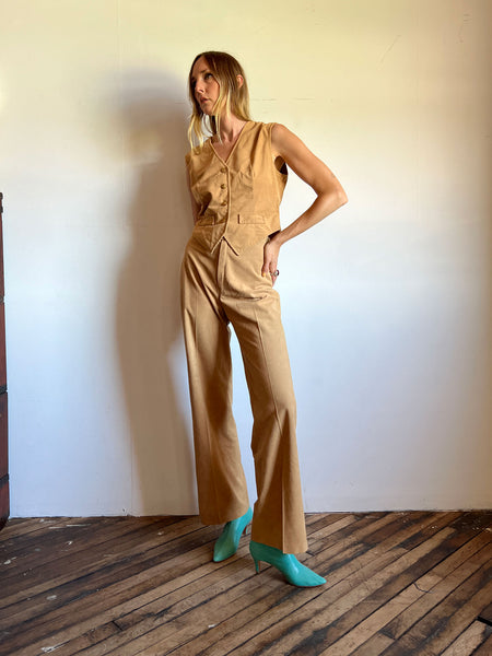 Vintage 1970's Camel Colored Vest and Pants Set, Women's