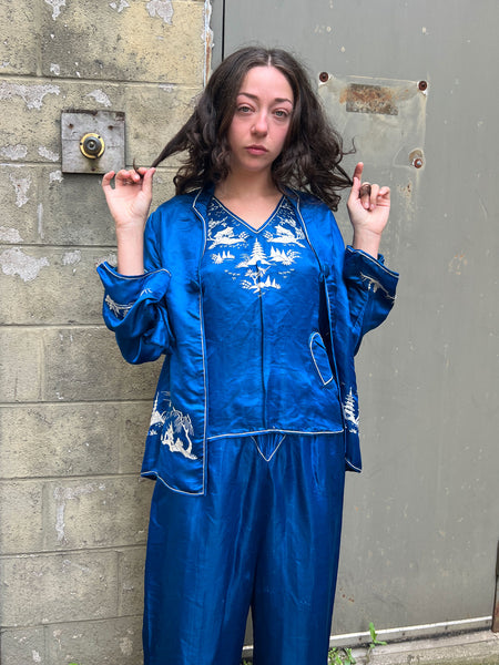 Antique 1920's Blue Silk Satin Three Piece Loungewear Set