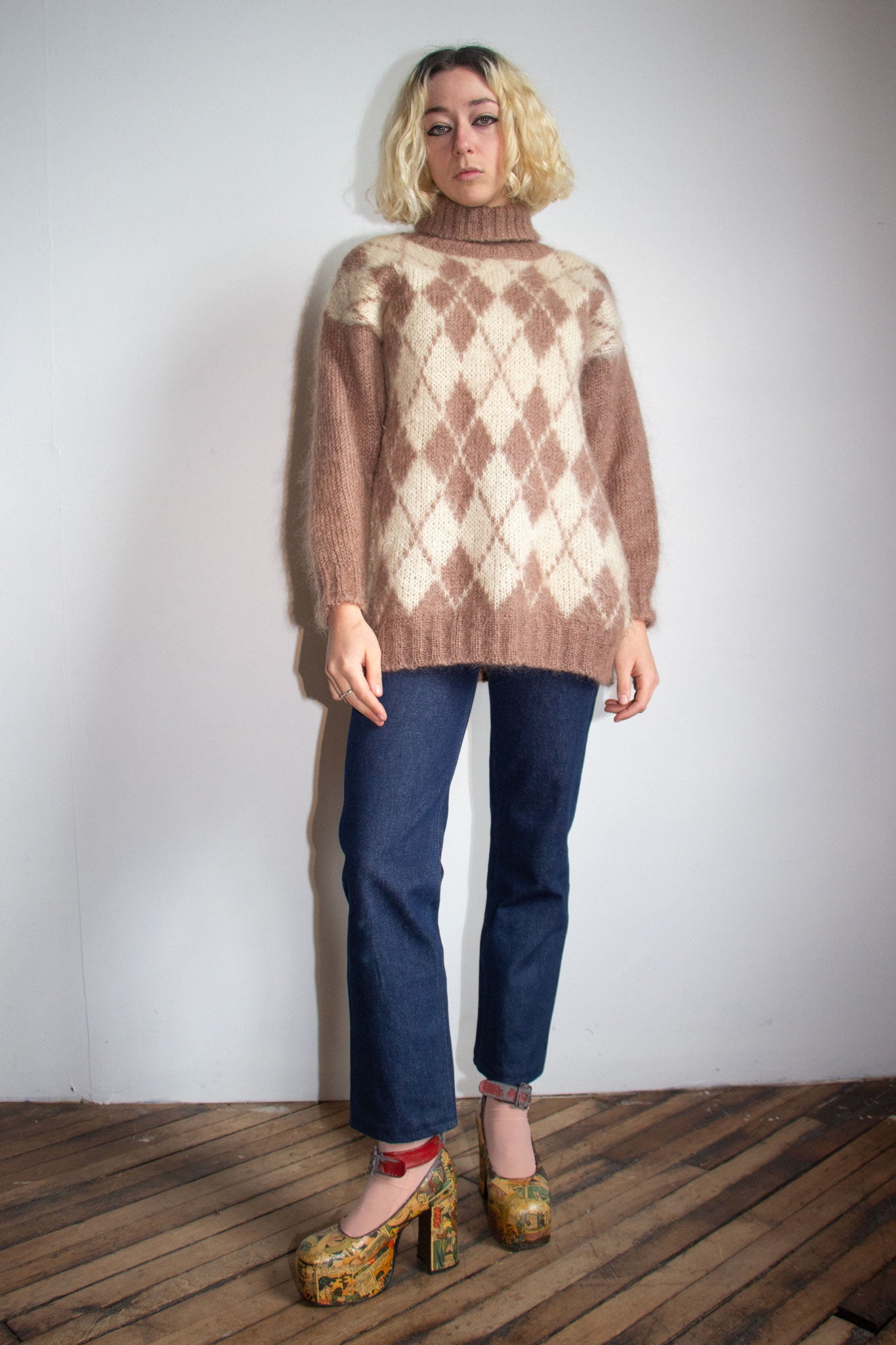 Vintage Mohair Argyle Turtleneck Sweater