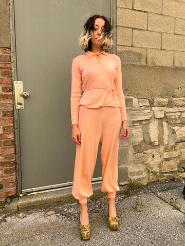 Vintage 1930's Pink Cotton Knit Set, Blouse and Pants, Loungewear