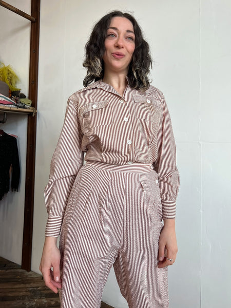 Vintage 1940's Women's Striped Seersucker Blouse and Pants Set, WW2