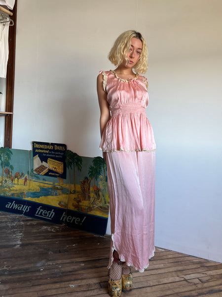 Vintage 1930's Silk Satin Pajama Set, Top and Wide Leg Pants, Lingerie, 30's 40's