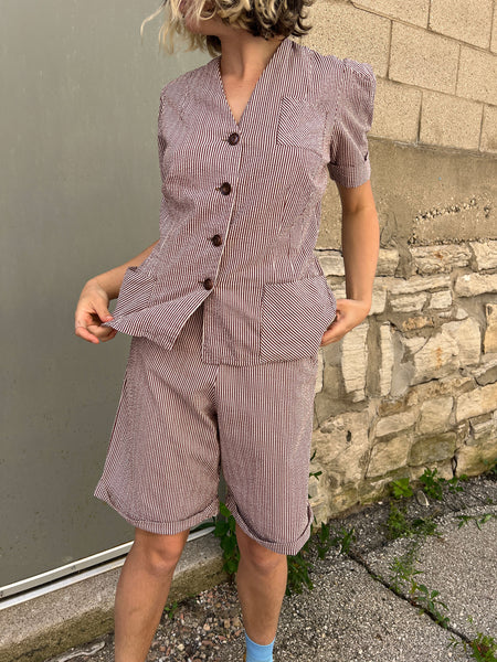 Vintage Late 1930's - Early 1940's Women's Seersucker Striped Sportswear Set