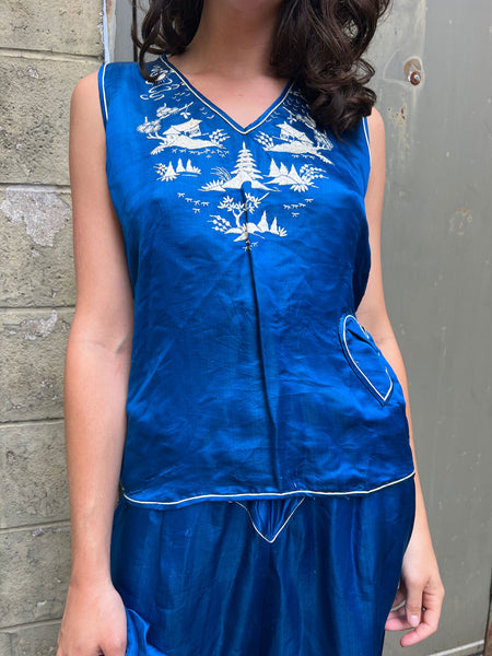 Antique 1920's Blue Silk Satin Three Piece Loungewear Set