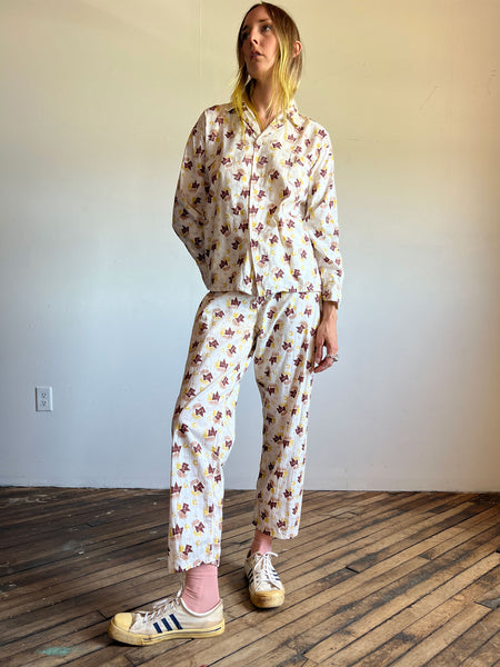 Vintage 1940's - 1950's Printed Cotton Pajama Set, Geometric Print, Unisex Adults