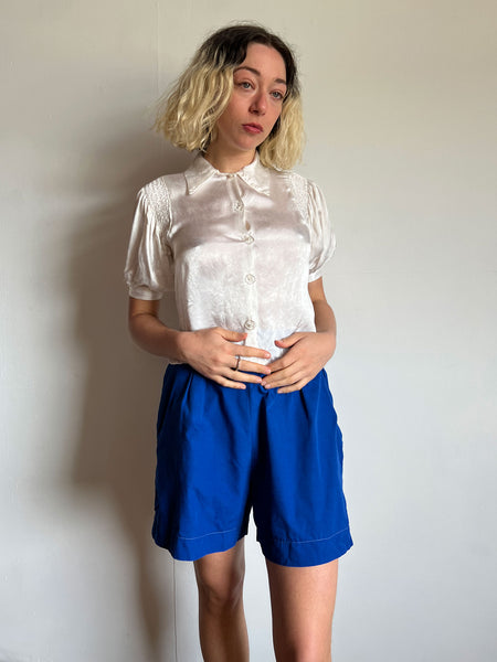 Vintage 1930's White Puff Sleeve Blouse, Glass Buttons