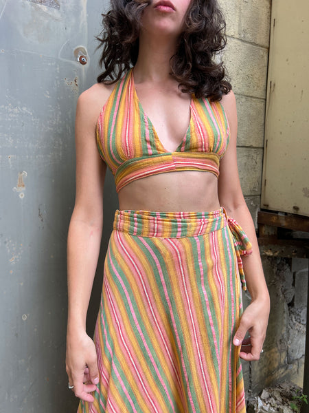 Vintage 1970's Cotton Gauze Hippie Halter Top and Wrap Skirt Set