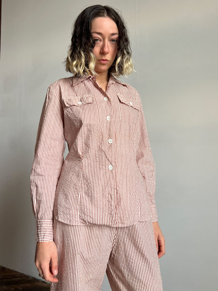 Vintage 1940's WW2 Era Women's Uniform Set, Striped Seersucker, Blouse and Pants, Military
