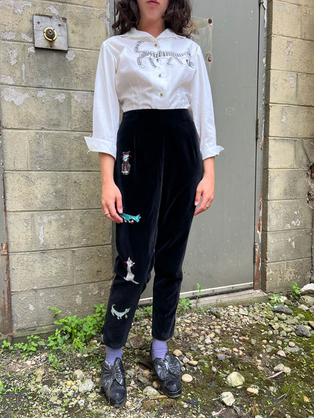 Rare Vintage 1950's Mid Century Cat Blouse and Velvet Appliqué Pants Set