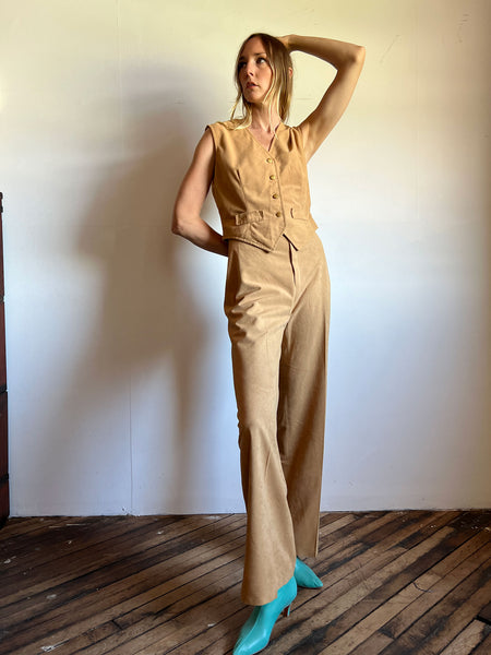 Vintage 1970's Camel Colored Vest and Pants Set, Women's