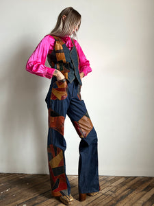 Vintage 1960's - 70's Leather and Denim Patchwork Set, Vest and Jeans, Retro