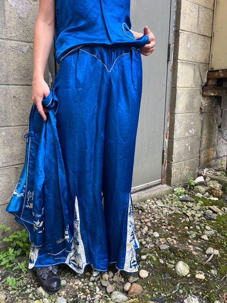 Antique 1920's Blue Silk Satin Three Piece Loungewear Set