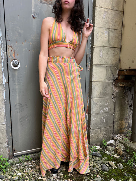 Vintage 1970's Cotton Gauze Hippie Halter Top and Wrap Skirt Set