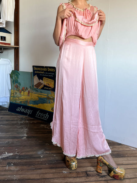 Vintage 1930's Silk Satin Pajama Set, Top and Wide Leg Pants, Lingerie, 30's 40's