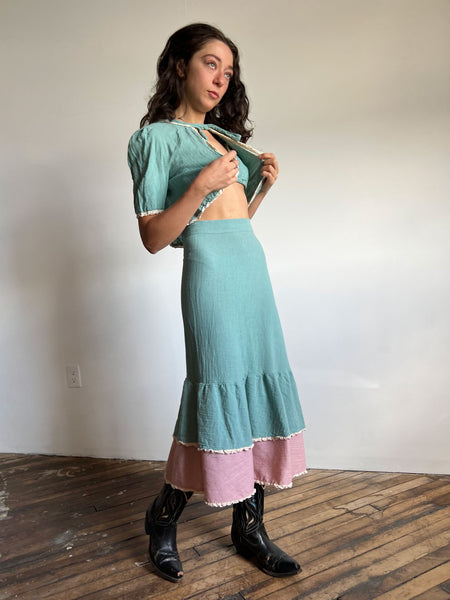 Vintage 1960's Seafoam Blue and Pink 3 Piece Dress Set, Skirt, Bra Top and Blouse