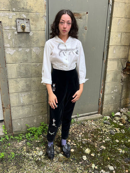 Rare Vintage 1950's Mid Century Cat Blouse and Velvet Appliqué Pants Set