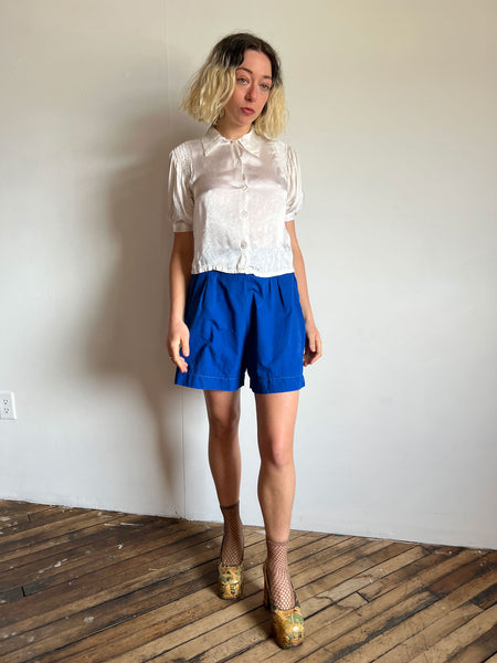 Vintage 1930's White Puff Sleeve Blouse, Glass Buttons