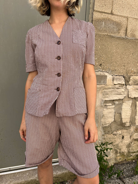 Vintage Late 1930's - Early 1940's Women's Seersucker Striped Sportswear Set