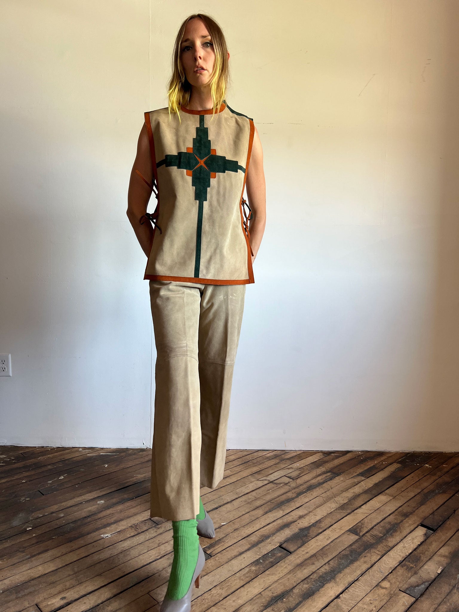 Vintage 1970's Skin Cheetahs Brand Leather Two Piece Set, Top and Pants, Women's 70's