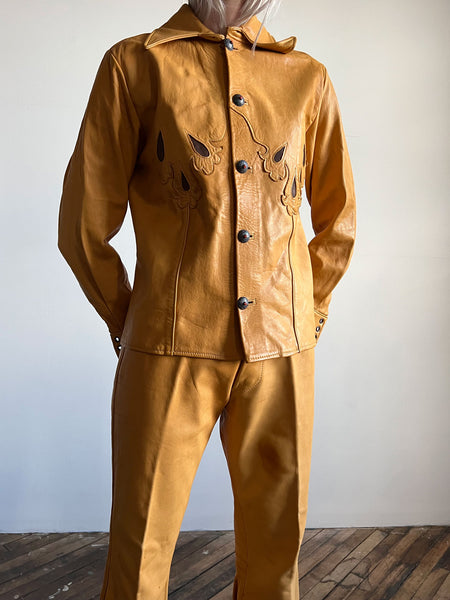Vintage 1960's - Early 1970's Leather Hand Made Jacket and Pant Set