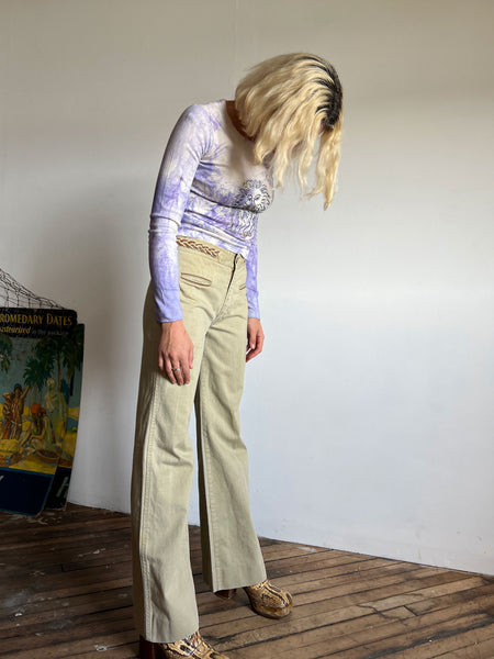 Vintage 1960's - Early 1970's Khaki Jeans with Braided Waist Band, Cotton, 70's Women's