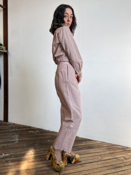 Vintage 1940's Women's Striped Seersucker Blouse and Pants Set, WW2