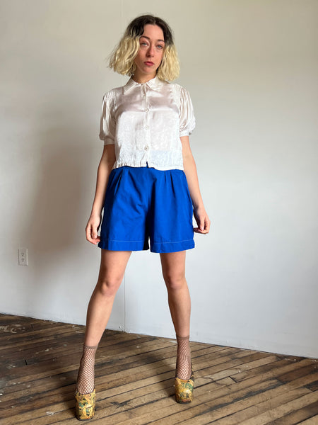 Vintage 1930's White Puff Sleeve Blouse, Glass Buttons