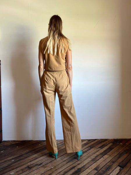 Vintage 1970's Camel Colored Vest and Pants Set, Women's