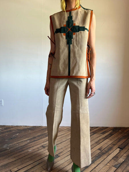 Vintage 1970's Skin Cheetahs Brand Leather Two Piece Set, Top and Pants, Women's 70's