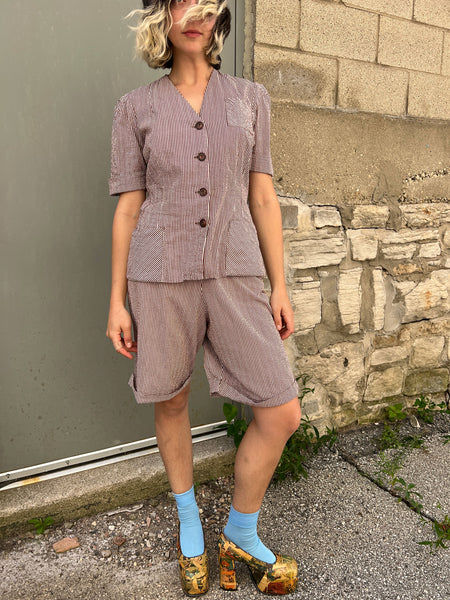 Vintage Late 1930's - Early 1940's Women's Seersucker Striped Sportswear Set