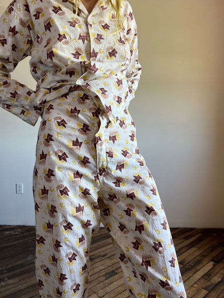 Vintage 1940's - 1950's Printed Cotton Pajama Set, Geometric Print, Unisex Adults