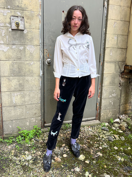 Rare Vintage 1950's Mid Century Cat Blouse and Velvet Appliqué Pants Set