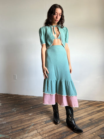 Vintage 1960's Seafoam Blue and Pink 3 Piece Dress Set, Skirt, Bra Top and Blouse