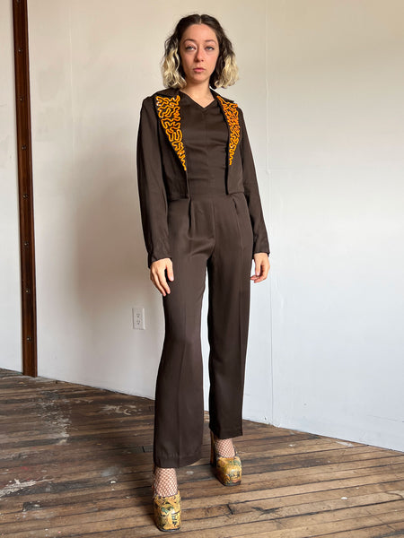 Vintage 1940's Brown Jumpsuit, Sash and Sequined Jacket, Tap Costume