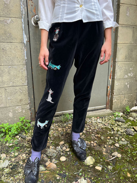 Rare Vintage 1950's Mid Century Cat Blouse and Velvet Appliqué Pants Set