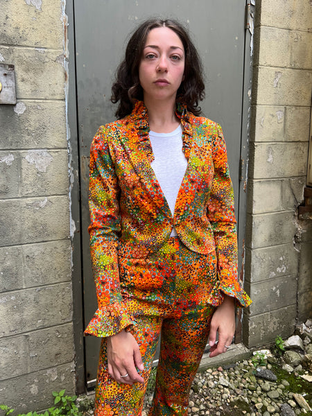 Vintage 1970's Three Piece Orange Floral Set - Matching Jacket, Pants and Skirt