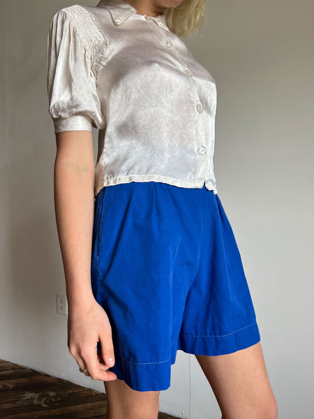 Vintage 1930's White Puff Sleeve Blouse, Glass Buttons