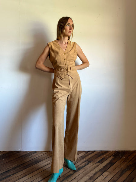 Vintage 1970's Camel Colored Vest and Pants Set, Women's