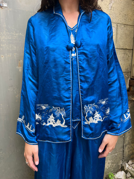 Antique 1920's Blue Silk Satin Three Piece Loungewear Set