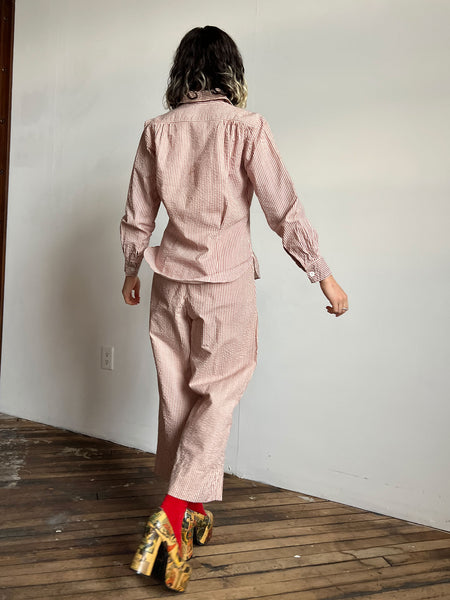 Vintage 1940's WW2 Era Women's Uniform Set, Striped Seersucker, Blouse and Pants, Military